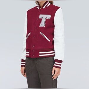 TNA Aritzia Varsity Spee Leather Bomber Varsity Burgundy Jacket